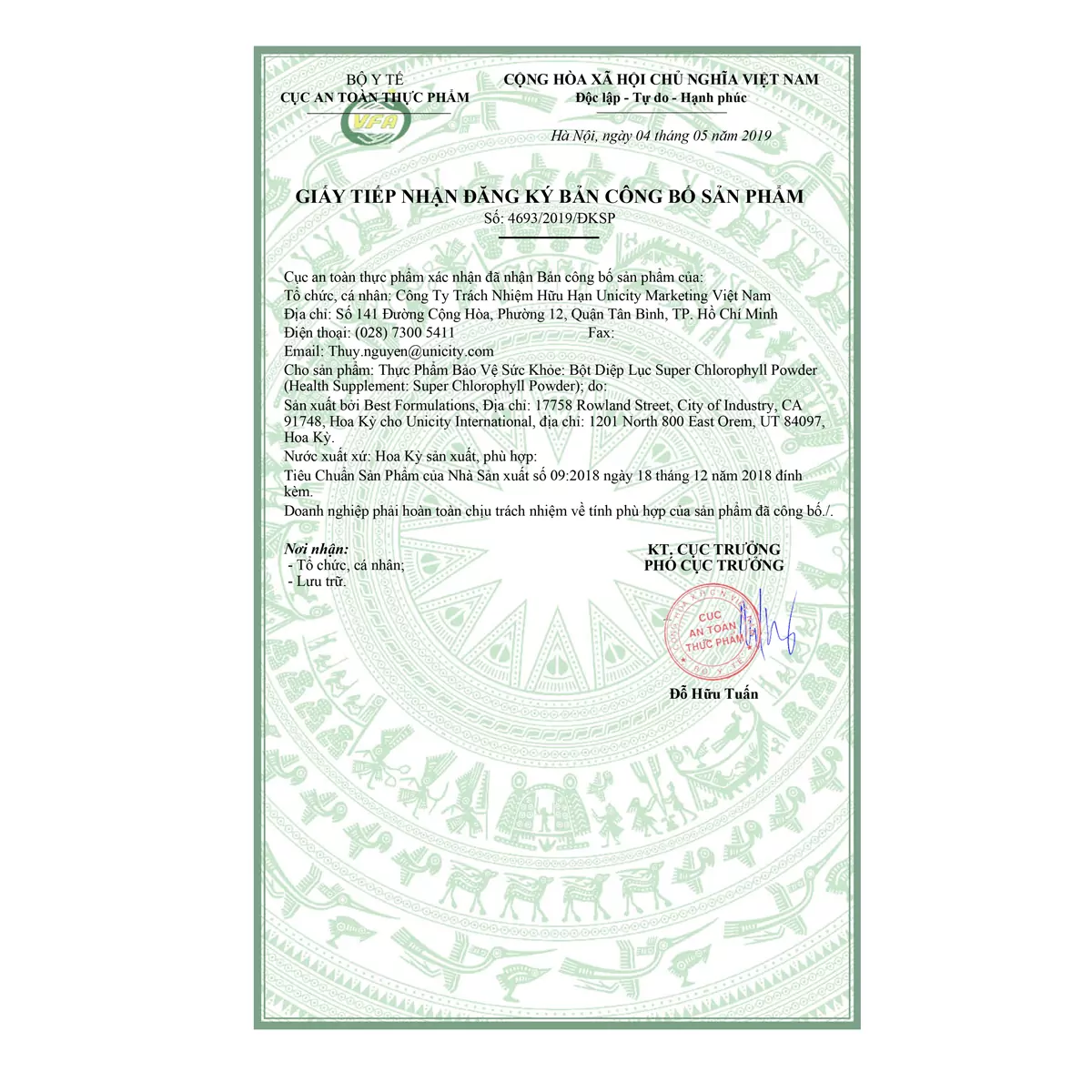 Giấy tiếp nhận đăng ký bản công bố sản phẩm bột diệp lục unicity: 4693/2019/ĐKSP