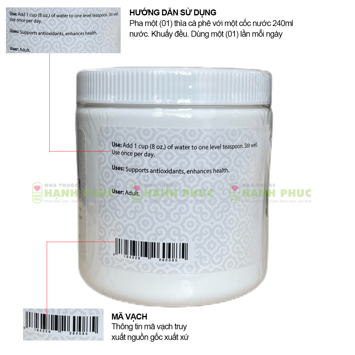 Hướng dẫn dùng và mã vạch in bên trên thân thiết thành phầm bột diệp lục Unicity Super Chlorophyll Powder