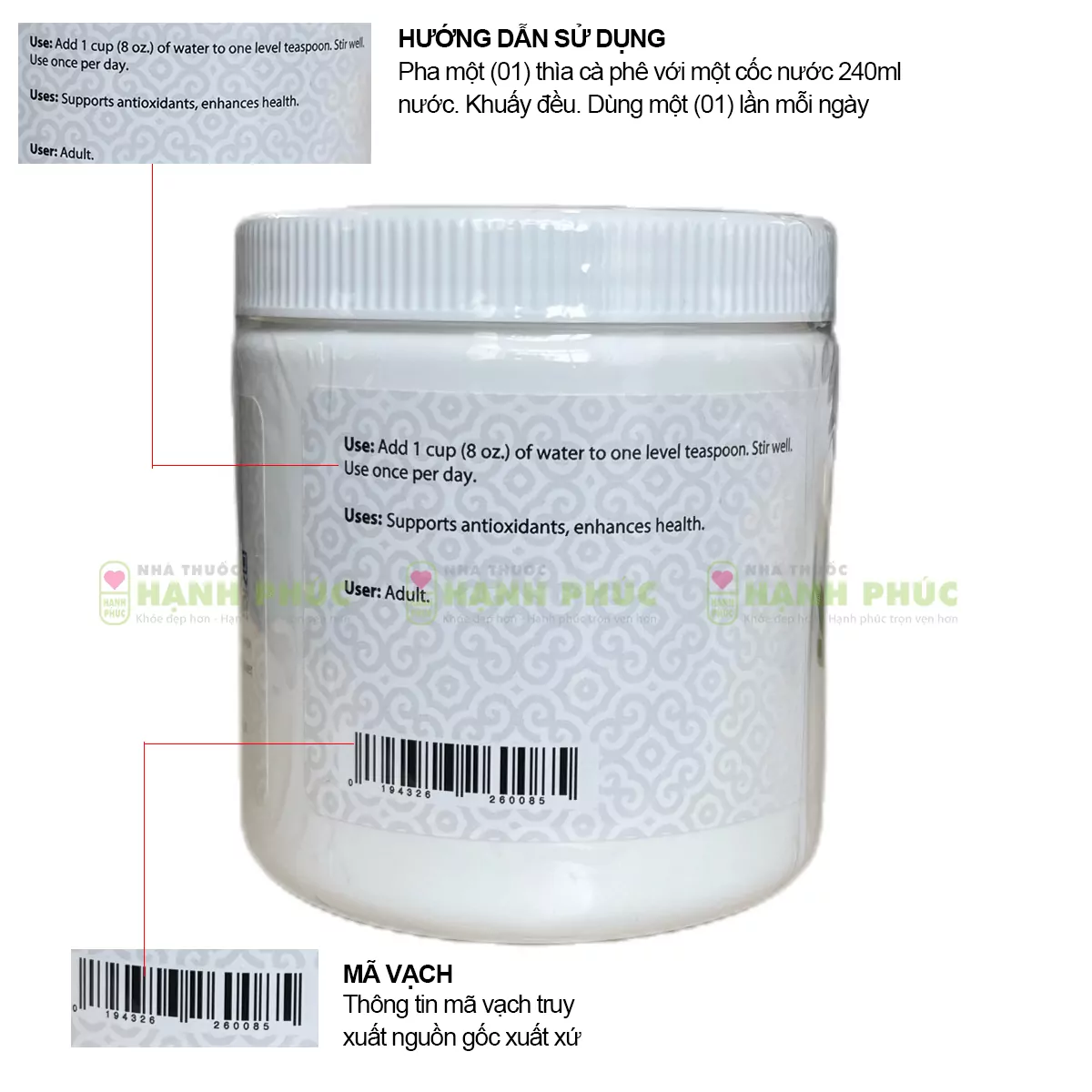 Hướng dẫn sử dụng và mã vạch in trên thân sản phẩm bột diệp lục Unicity Super Chlorophyll Powder