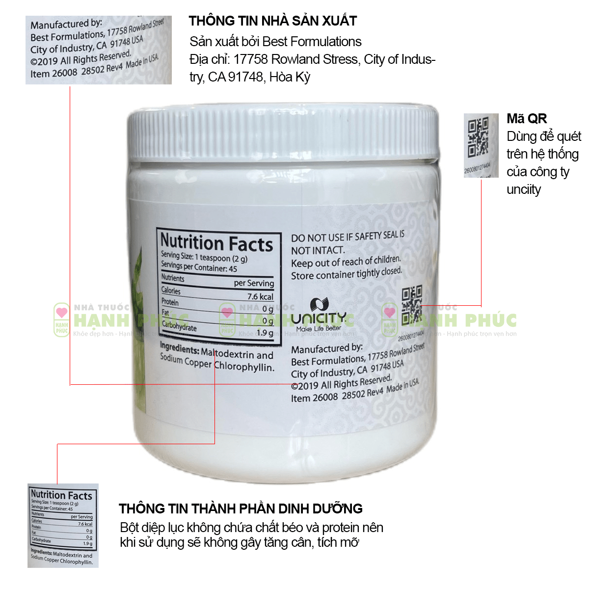 Thông tin yêu bên trên nhãn của thành phầm bột diệp lục Unicity Super Chlorophyll Powder