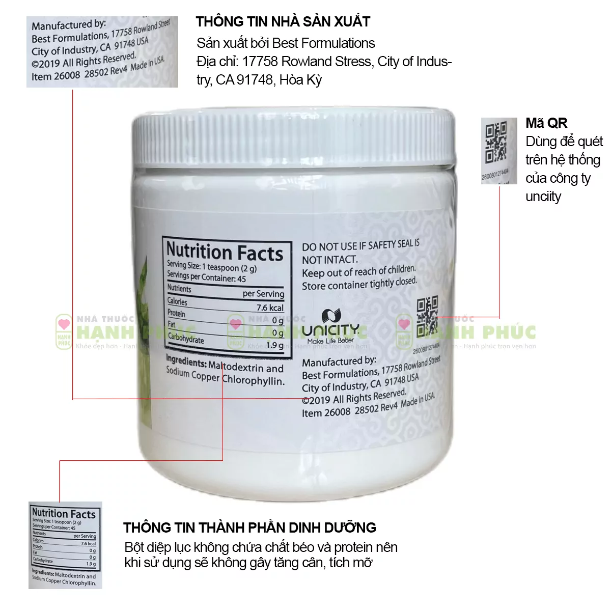 Thông tin trên nhãn của sản phẩm bột diệp lục Unicity Super Chlorophyll Powder
